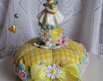 Vintage Enesco Girl Figurine Yellow Gingham Pin Cushion