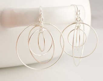 Large Satellite Circle Hoops Sterling Silver Earrings Forged