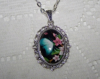 Blue Butterfly Filigree Necklace, Butterfly Art, silver plated Filigree, Pink Flowers & Black Butterfly Garden, Lepidopterist, Moth