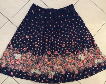 Vintage 70s Cotton Skirt Blue Floral Herman Geist Sz S M