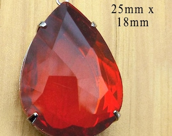 Red Glass Pendant - 25x18 Teardrop - Sheer - Rhinestone Pendant - 25mm x 18mm - Glass Jewel - Brass or Silver Setting - Glass Gem