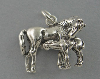MARE & BABY Colt Foal Horse Sterling Silver 925 Charm Pendant 3D 1836