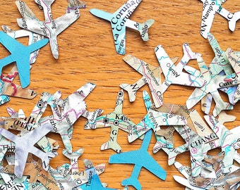 World Atlas Plane Confetti Shapes - Bonvoyage Paper Planes - Travel Themed Party Confetti- Atlas Party Table Decor
