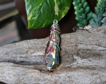 2.5" Aura Quartz Necklace, Blue Rainbow Crystal Necklace, Pink Aura Quartz Crystal Jewelry, Wiccan Necklace, Boho Jewelry, Bohemian Jewelry