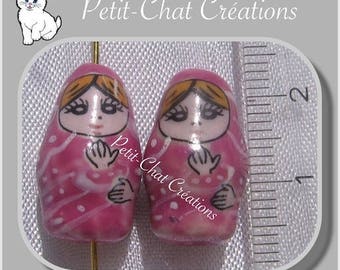 2 Russian dolls beads 20 mm * 47 ceramic pink BABUSHKA MATRYOSHKA