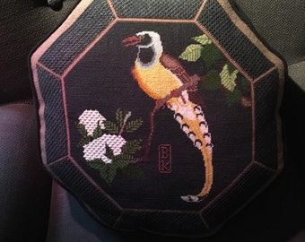 Magpie on Viburnum Branch pillow in silk