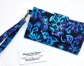 women's wallet, blue purple black floral batik, organizer wallet, checkbook, cell phone accessory, wristlet, ready to ship affordable gift