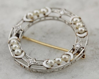 Antique Edwardian: Fine Diamond and Pearl Circle Pin Y57807-R