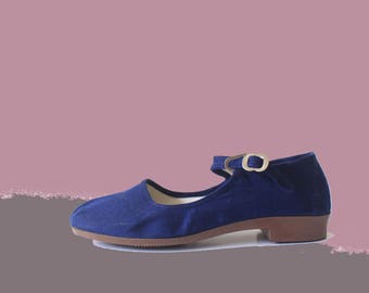 70's Deadstock Navy Blue Cotton Asian Mary Jane Flats