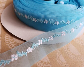 BLUE Sheer Floral Trim - Crafting Ribbon - 1" Wide - 14 Yards - LAST OF Spool