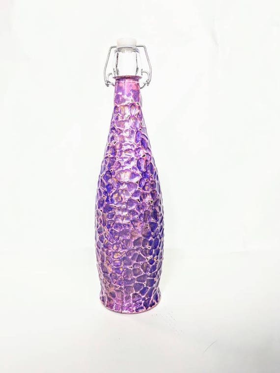 Purple, pink, and gold glass bottle hand painted Olive oil bottle 34 oz. glacier bottle with wire bail lid