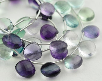 AAA MicroFaceted Multicolored Fluorite Gemstone Heart Briolette Beads