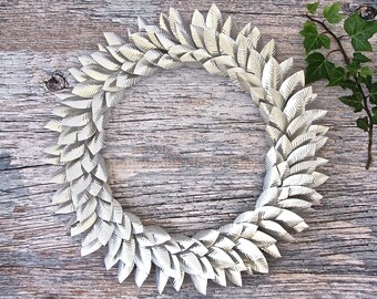 Large Silver Metal Wreath, Christmas Door Decor, Handmade Wreath, Embossed Metal Leaves