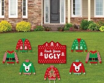 Ugly Sweater Party Shaped Lawn Decorations - Holiday Yard Decorations - Christmas Lawn Ornaments - Shaped Yard Art - Tacky Sweater - 8 Pc.