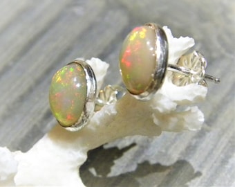 Ethiopian Opal Post Earrings, AAA+ 6mm x 8mm Natural Opal Stud Earrings in Sterling Silver E134