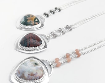Ocean Jasper and Sterling Silver Pendant Necklace - Ocean Jasper Jewelry - Triangle Ocean Jasper Pendant - Silver and Stone Jewelry