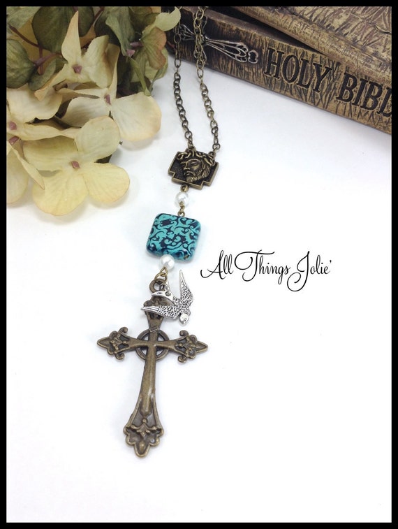 Items similar to Dove Cross Necklace Jewelry Mixed Silver and Bronze
