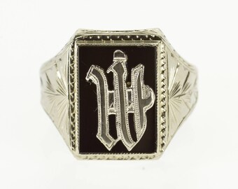 10k W Monogram Initial Letter Overlay Black Onyx Ring Gold