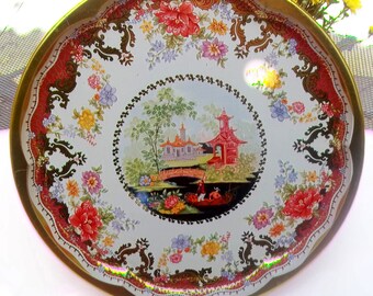 Metal Serving Tray,Vintage Chinoiserie,Vintage Tin Serving Tray,Chinois Tray, Chinoiserie Metal Tray,Round Metal Tray,Large Metal Tray