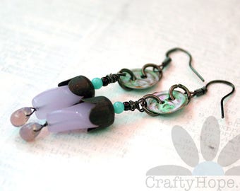 Mixed Media Earrings - glass beads, dark bead caps, altered metal buttons, handmade