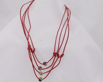 Multi-strand Genuine Leather Necklace with glass cloisonne beads, black, red and gold cloisonne beads with minimalist infinity knot necklace