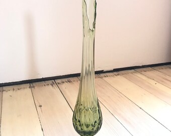Mid Century Green Swung Glass Vase - 18" tall, viking glass, boho home decor