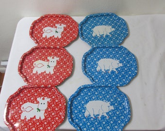 Metal Tip Trays Set of 6 Vintage Farmhouse Pig and Cow Decor Red White and Blue
