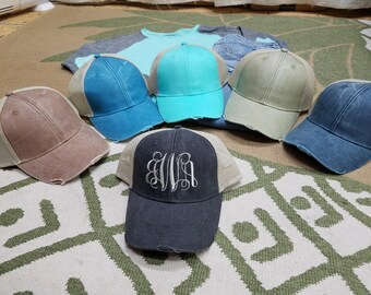 Monogram Distressed Hat with mesh back | **FREE SHIPPING** | Snap Back | Embroidered Monogram