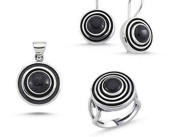 Sterling Silver Hand Made Set with Blue Goldstone: Ring, Earrings and Pendant