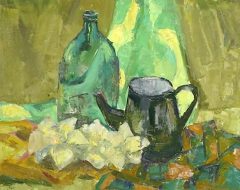 Green still life, casual painting on cardboard