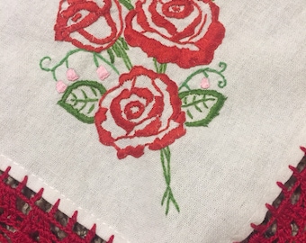 Vintage Inspired Red Rose tortilla warmer, napkin, tablecloth, with red crochet trim