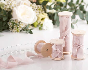 Silk Ribbon Blush Pink Plant Dyed / Wedding Bouquet Ribbon / Hand dyed, on Wooden Spool
