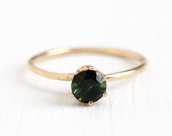 Green Tourmaline Ring - Vintage 10k Rosy Yellow Gold Round Cut .49 CT Green Gemstone - Size 5 Stick Pin Conversion Fine Jewelry
