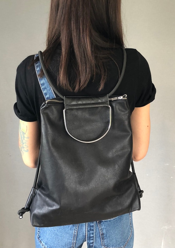 Black leather backpack handbag black with elegant strap gift for women