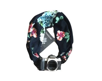 Navy Floral Print Camera Strap with Lens Cap Pocket - The Original Camera Scarf Strap With Hidden Pocket