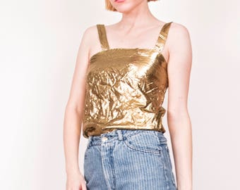 VTG 80s gold crinkle cut cami top minimalist glam shimmer tiny fit women small