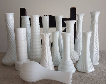 Mix & match - assorted milk glass vases // bulk vases, wedding reception decor, bridal shower centerpieces, bulk event supplies, bud vases