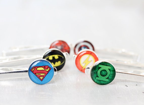 Wedding mens Tie Clips - set of Groomsmen gifts - Comic Superhero - Superman, Batman, Green Lantern, Captain America, Spiderman, Flas