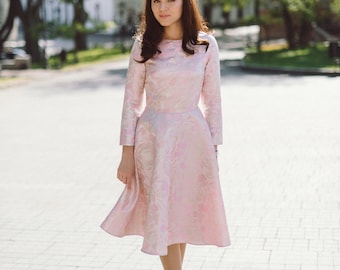 Midi brocade pink dress, holiday festive dress