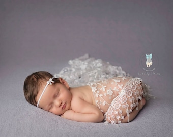 White Lace Wrap and Headband Set, Newborn Photo Prop, Baby Girl Prop, Photography Prop, Fringe Lace Wrap, Baby Wrap, Photo Prop