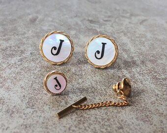 J Initial Cufflink Set, Cuff Links Vintage, Mother Of Pearl Cufflinks, Cufflink Tie Bar Set, Tie Bar Vintage, J Gifts, J Name Gifts For Dad