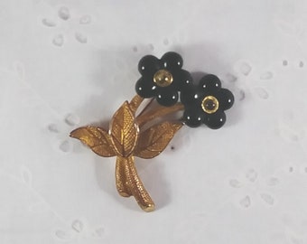 Vintage Flower Brooch - Gold Tone and Black Lucite