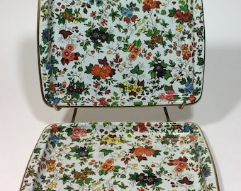 Vintage Metal Serving Tray Daher Decorated Ware Rectangle Floral Trays Set of Two