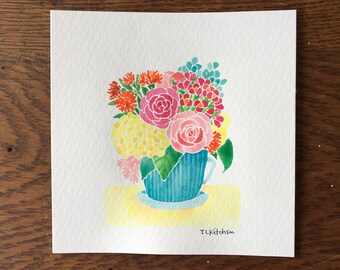 6x6 ORIGINAL watercolor/Spring floral teacup