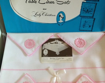 Vintage New In Box 36" Table Cloth with 4 Napkins, white with pink trim