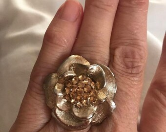SPRING SALE Vintage Statement Gold Tone Flower Ring w/Amber Rhinestones in the MIddle