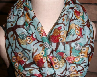 Infinity Scarf Whimsical Owl Blue Owl Scarf Circle Loop Scarf - Whimsy Owl-Summer Scarf Accessories-Womens Scarves