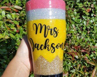 Pencil Glitter Tumbler | Teacher Tumbler | Stainless Steel Tumbler | 10 oz | 20 oz | 30 oz | 40 oz | Yeti Like | Ozark Tail | Glitter Dipped