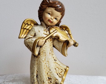 Vintage Angel Statue Paper Mache Plaster Figurine With Violin in Gold Cream 8.5" Tall, Retro Christmas Decor
