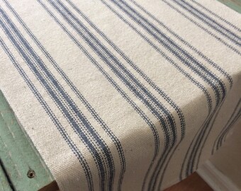 Table Runner/Cream Grain Sack Fabric/Blue 12 Stripe/15.5" Wide
